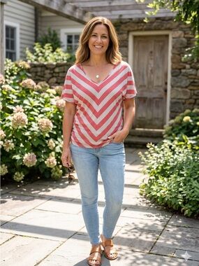 Old Navy Coral & Cream V-Neck Striped Top